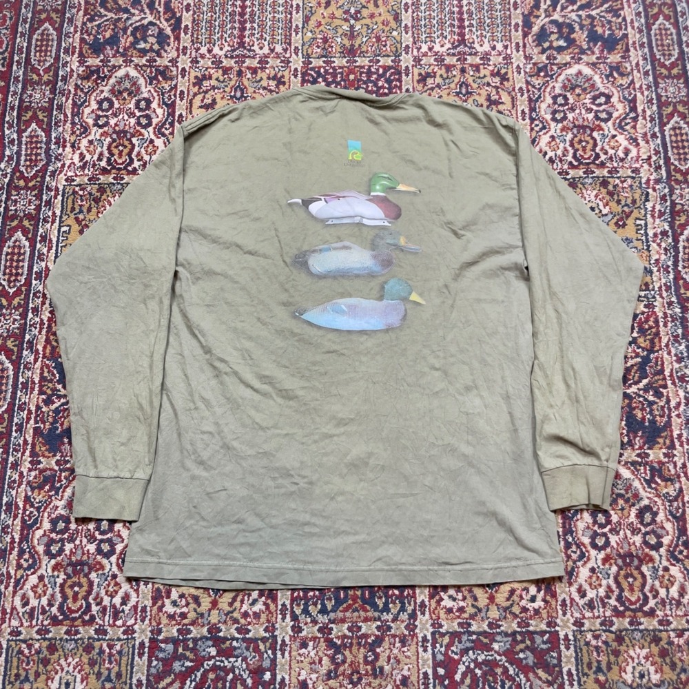 VTG 90s Ducks Unlimited Mallard Decoy Long Sleeve T-Shirt Olive XL USA Made